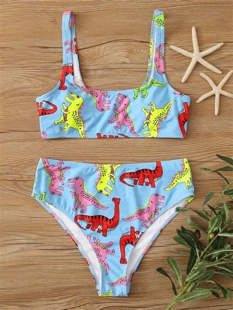 Cartoon Dinosaur Pattern Bikini Swimsuit SHEIN South Africa Atelier