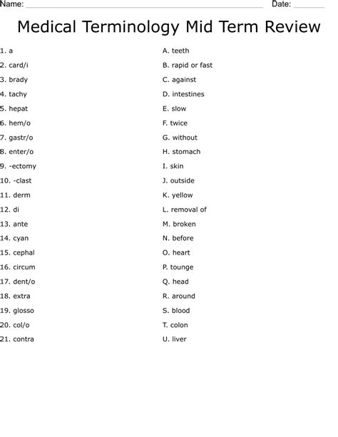 Medical Terminology Mid Term Review Worksheet Wordmint