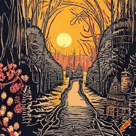 Linocut Illustration Of A Garden World At Sunrise On Craiyon