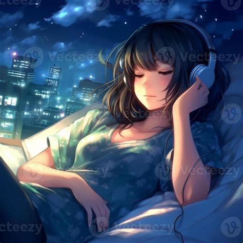 Anime Girl Listening To Music While Laying In Bed With Headphones