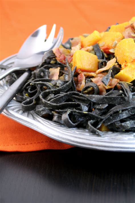 Squid Ink Carbonara With Bacon Butternut Squash And Pepitas For