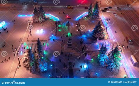 Christmas Tree In The Central Square Of The City View From Above