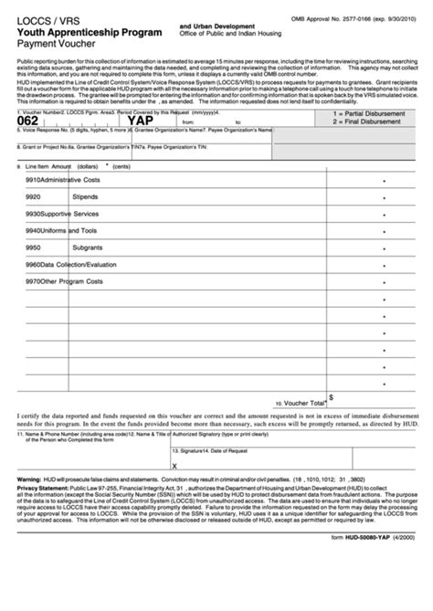 Fillable Form Hud 50080 Yap Payment Voucher Youth Apprenticeship