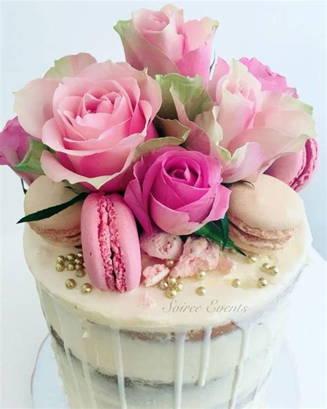 Semi Naked Drip Cake With Fresh Roses And Macarons Soiree