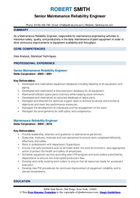 Maintenance Reliability Engineer Resume Samples QwikResume