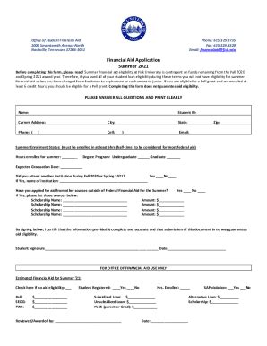 Fillable Online Financial Aid Application Summer Fax Email Print