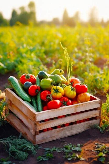 Caja De Madera Llena De Muchos Tomates Y Pepinos De Diferentes Colores