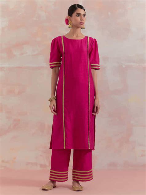 Buy Red Pink Gota Silk Dupion Kurta With Pants Set Of C B B