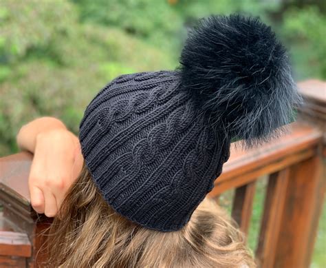 Ribbed Black Wool Beanie Hat Black Raccoon Fur Pom Pom Real Fur Pom