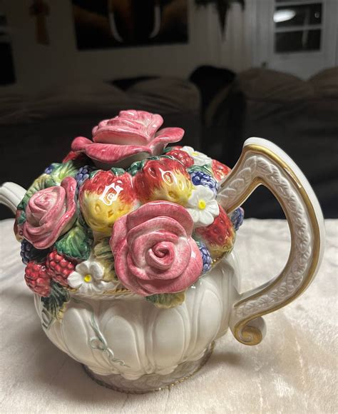 Fitz And Floyd Teapot W Flowers And Fruits Etsy