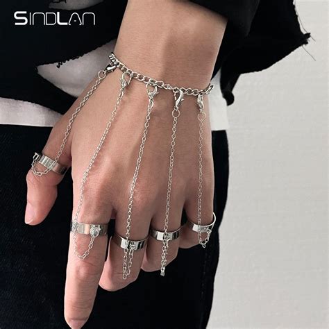 Geometric Chain Wrist Bracelet Silver Color Punk Sindlan For Men Ring