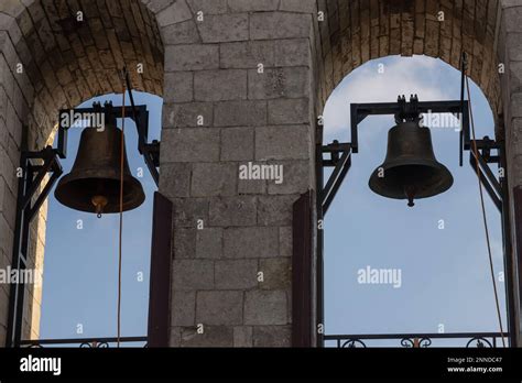 Large Church Bell Hanging Outside Close Up View Of Metal Orthodox