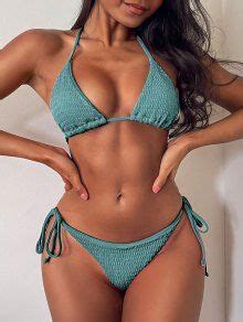 Zaful Skimpy Ribbed Smocked String Bikini Swimwear In Green Zaful