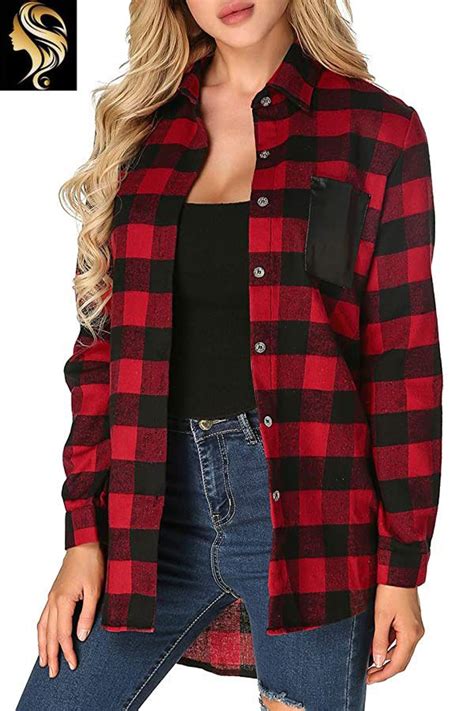 Anzea Womens Buffalo Plaid Flannel Shirt Button Down Long Sleeve Tops Collar With Pocket