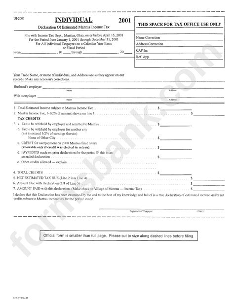 Form Di 2001 Individual Declaration Of Estimated Mantua Income Tax