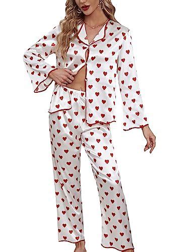 Verdusa Womens Satin Pajama Sets Sleepwear Heart Print Button Up Shirt