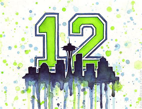 Seattle Seahawks 12th Man Fan Art, Watercolor, Skyline, Space Needle ...