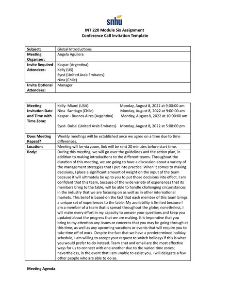 INT 220 Conference Call Invitation Template INT 220 Module Six