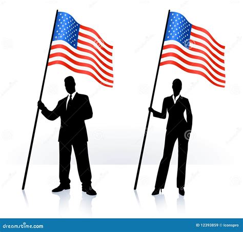 Silhouettes With Waving Flag Of United States Stock Illustration