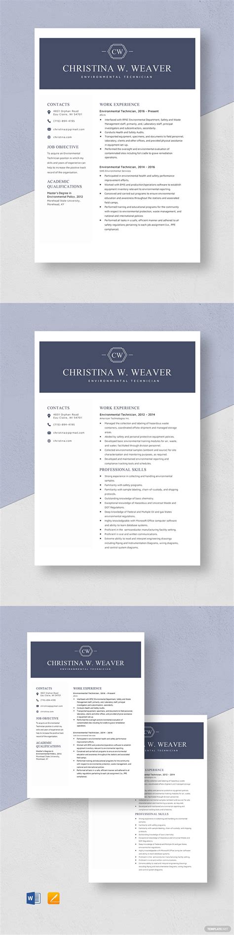 Environmental Technician Resume Template - Word, Apple Pages | Template.net