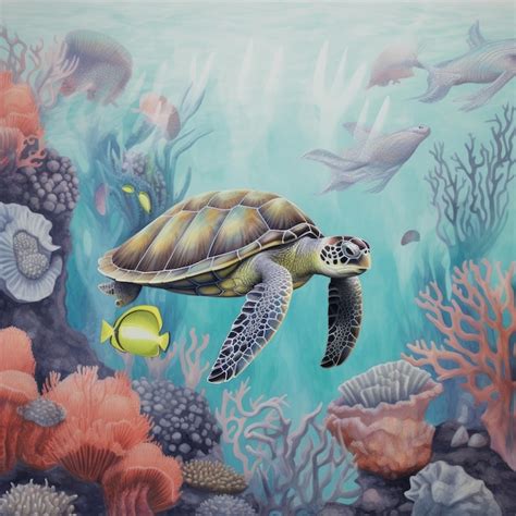 Premium Photo Mural Of A Sea Turtle And Coral Reef In Retro Style