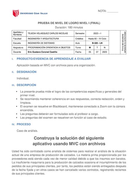 Pnl I Nivel Final Prueba De Nivel De Logro Nivel I Final