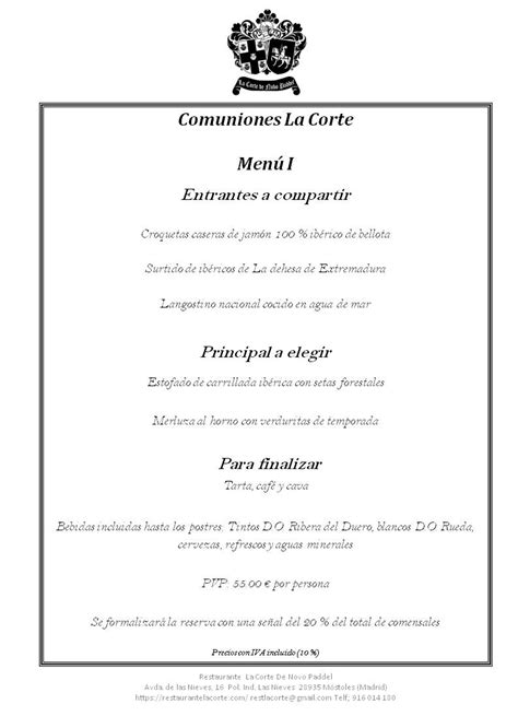 Restaurante La Corte Menús Comuniones