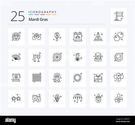 Mardi Gras Line Icon Pack Including Food Star Maracas Hat Date