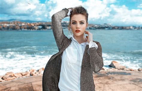 Wallpaper Girl Beach Model Pretty Face Brunette Pose Portrait