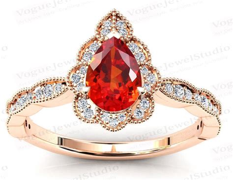 Unique Pear Shaped Orange Sapphire Wedding Ring 14k Rose Gold Orange