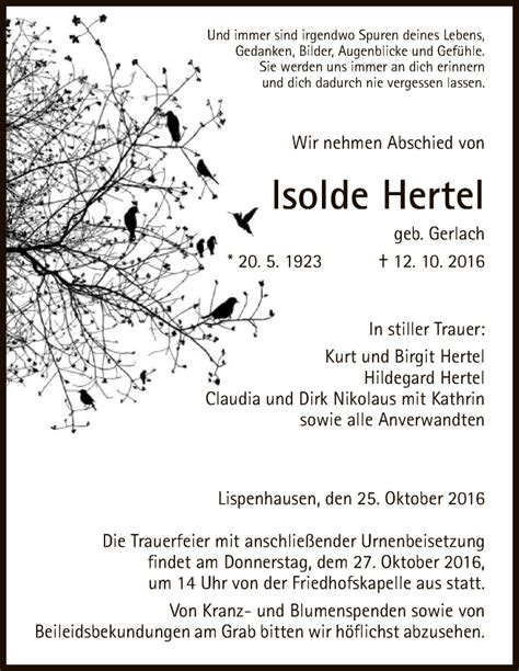 Traueranzeigen Von Isolde Hertel Trauer Hna De