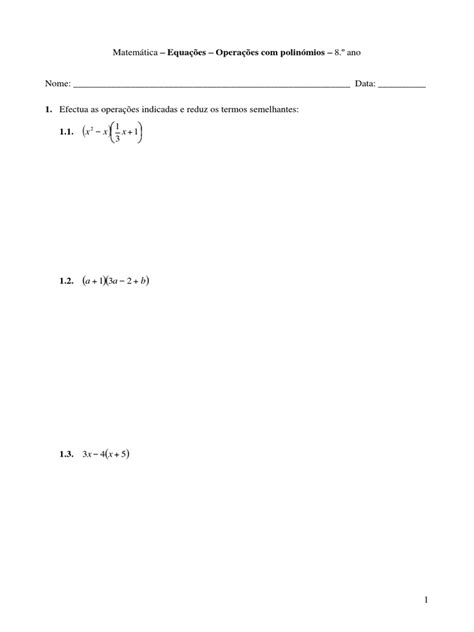 Equações Operações Com Polinómios Matemática 8 º Ano Pdf