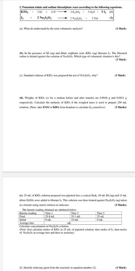 Solved 2 Potassium Iodate And Sodium Thiosulphate React Chegg