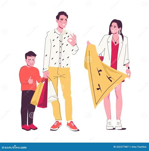 Family Shopping, Happy Young Family with Packages. a Woman Demonstrates