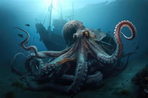 Premium AI Image Octopus Kraken With Tentacles Wrapped Around Sunken