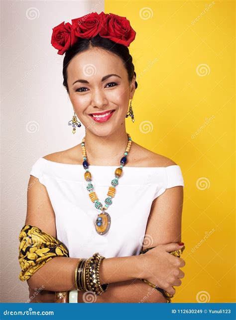 Young Pretty Mexican Woman Smiling Happy on Yellow Background, L Stock ...