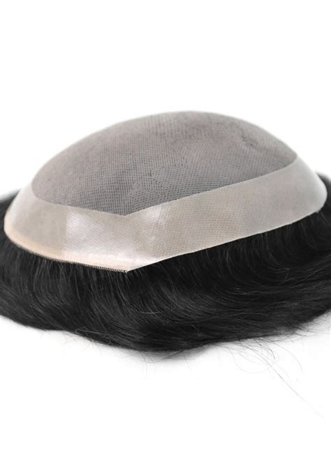 Mens Human Hair Replacement System Fine Mono Poly Skin Toupee Hairpiece Unit For Men With Glue