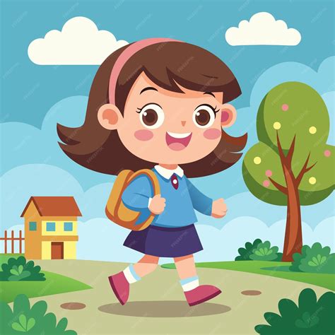 Premium Vector School Girl With A Backpack Goes To School Hand Drawn