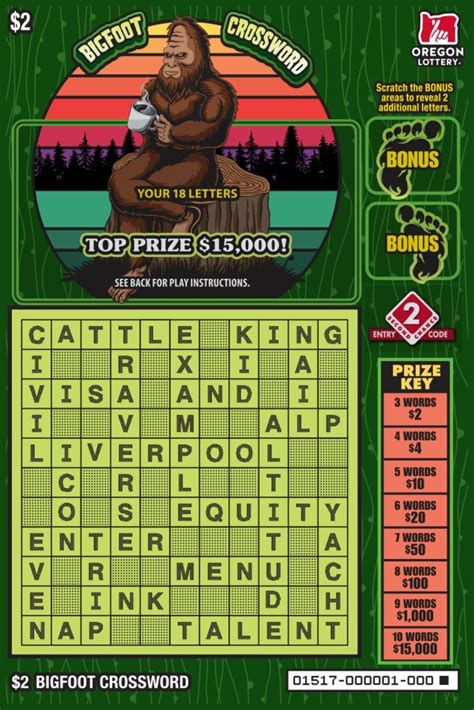 Bigfoot Crossword Lottery Scratch Tickets Oregon Lottery