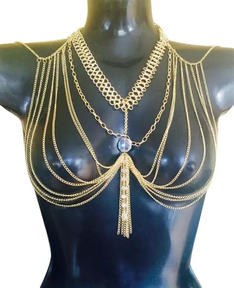 Goldsilver Halter Lingerie Sexy Showgirl Shoulder Necklace Exotic Bra Chain Harness Slave Full