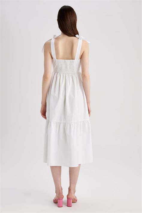 White Woman Square Collar Poplin Midi Dress Defacto