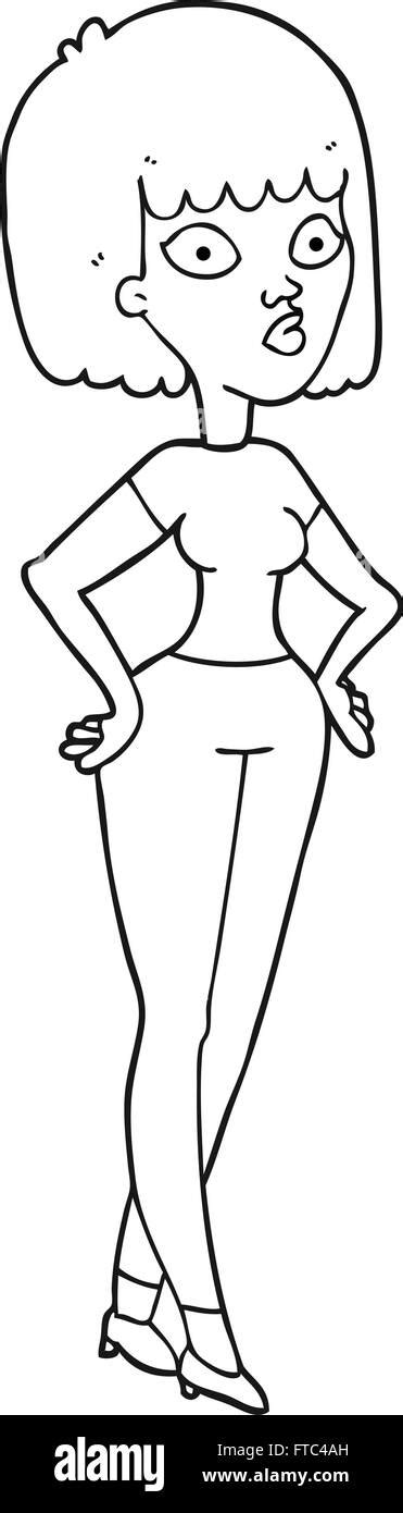 Freehand Drawn Black And White Cartoon Woman With Hands On Hips Stock