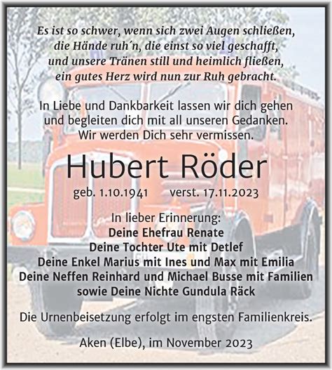 Traueranzeigen Von Hubert R Der Abschied Nehmen De