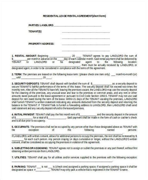 Printable Short Rental Agreement Form