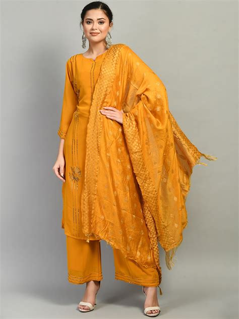 Buy Women Mustard Yellow Embroidered Kurta With Palazzos