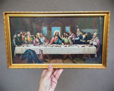 Framed Vintage Jesus Last Supper Lithograph Wall Hanging In Gold Frame