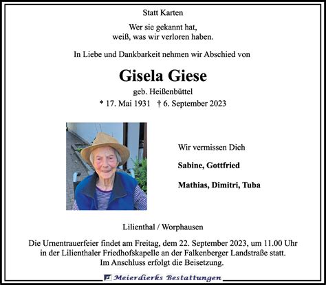 Traueranzeigen Von Gisela Giese Trauer Gedenken