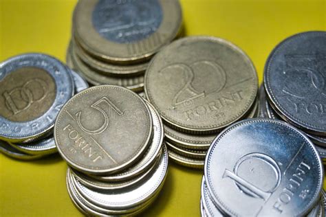 Closeup Hungarian Forint Ft Huf Coins Stacked Up In A Pile Laying On