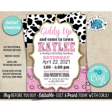 Rodeo Birthday Party Invitation - Cowgirl Birthday Party Inv - Inspire Uplift