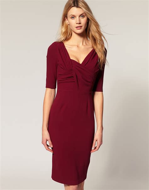 Asos Collection Asos Pencil Dress With Twist And Wrap In Red Burgundy